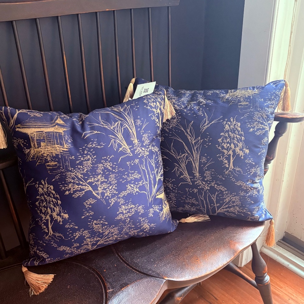 Set of Two (2) Handmade 16" Polished Cotton Throw Pillows with Gold Tassels